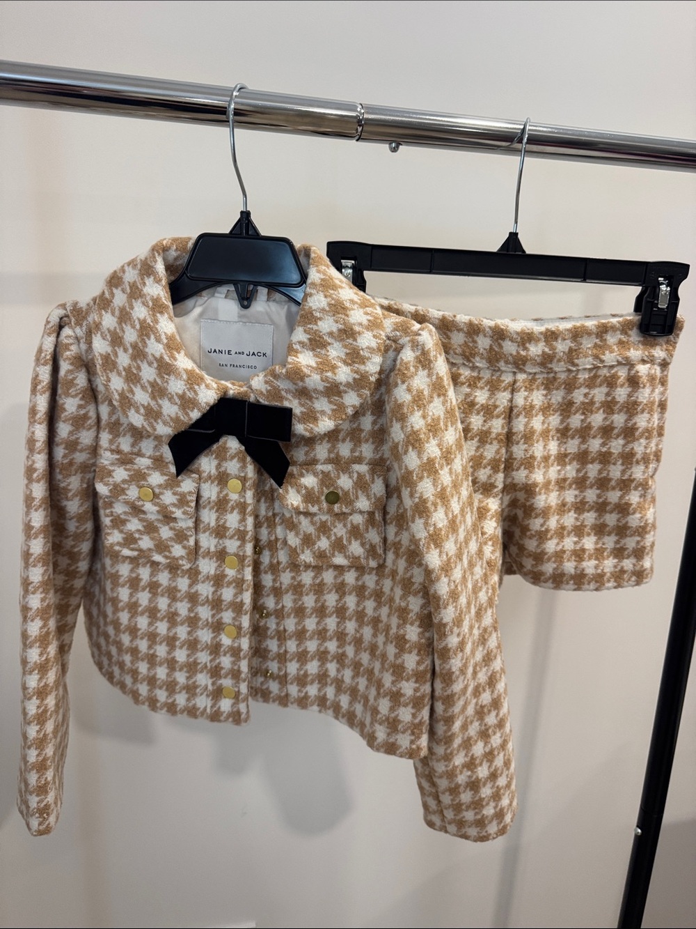 Janie and Jack Beige and White Houndstooth Jacket & Skirt Set with Black Bow